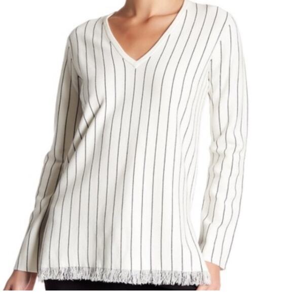 Theory Hayden O Reverie V-Neck Stripe Fringe Pullover Sweater - Picture 1 of 9